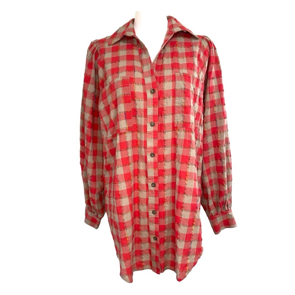 Fate Open Tie Back Top Red/Light‎ Brown Plaid Long Sleeve Size M